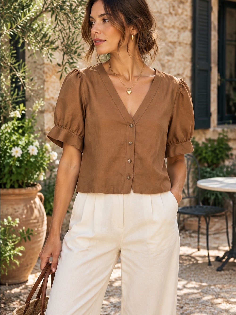 DARLING, Brown Linen Blend Button Front Romantic Slightly Cropped Blouse, S